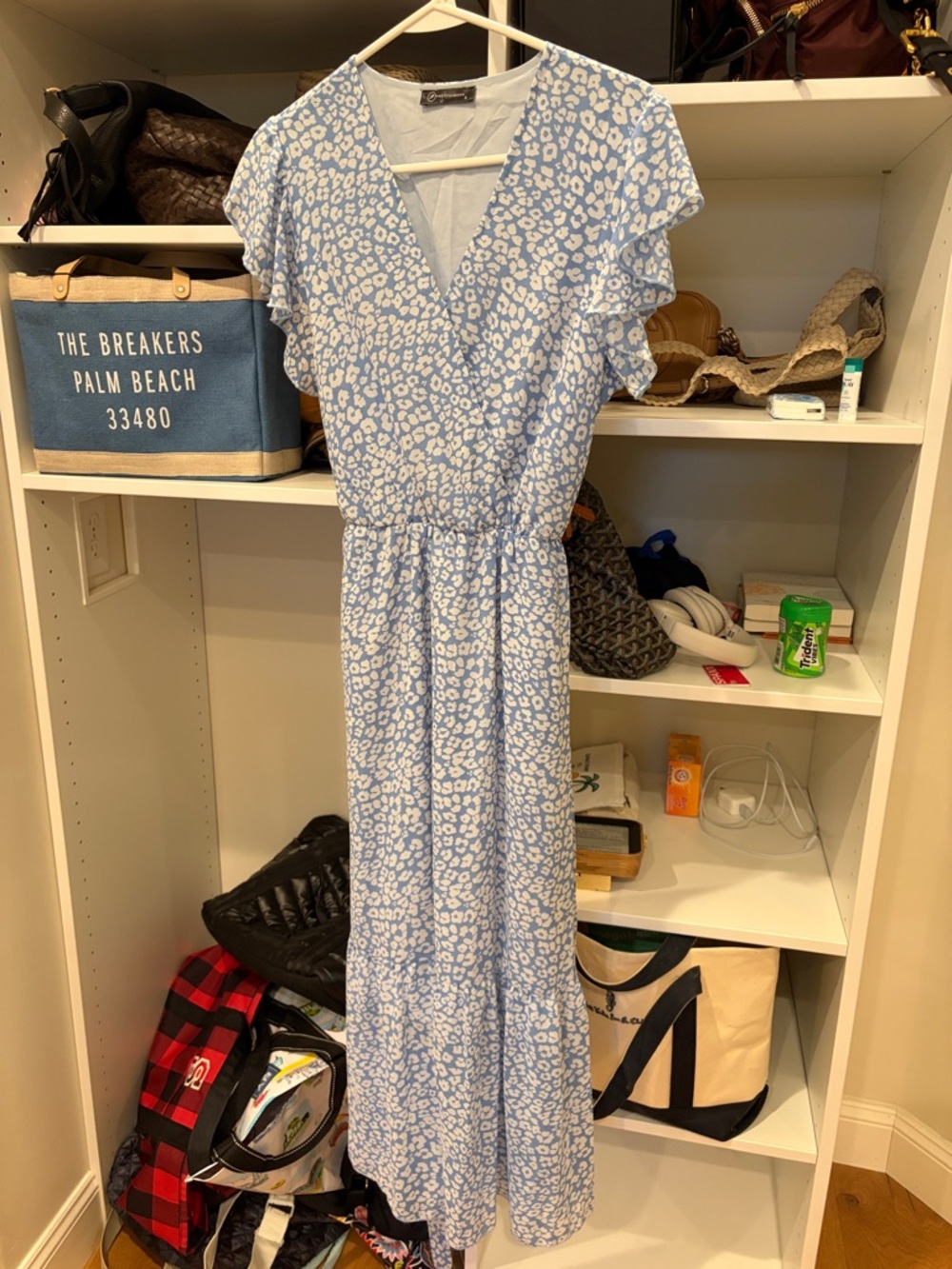 Sky Blue Floral Wrap Maxi Dress with Flutter Sleeves